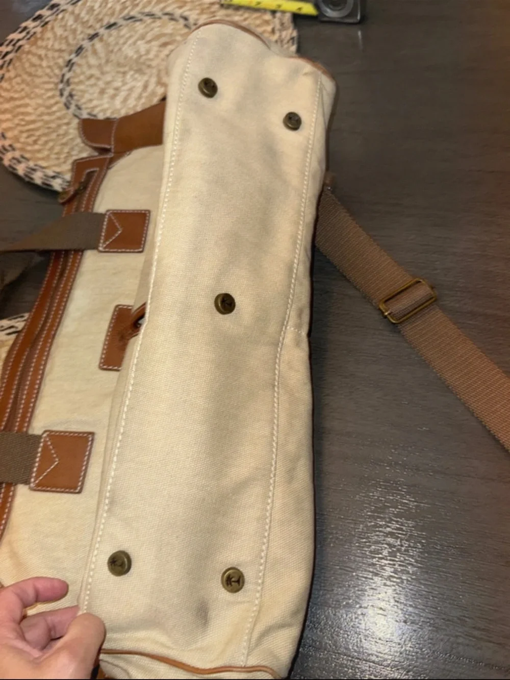 Tommy Bahama Challenge Canvas Leather Messenger Bag Travel Satchel Brown Beige